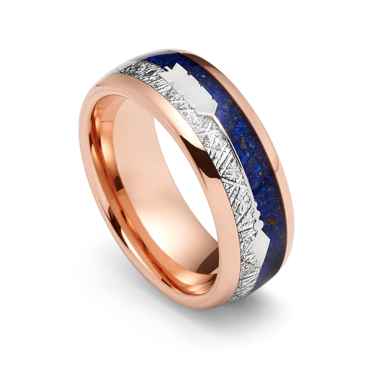 8mm- ROSE GOLD TUNGSTEN ARROW RING W/ BLUE LAPIS LAZULI, FAUX METEORITE,