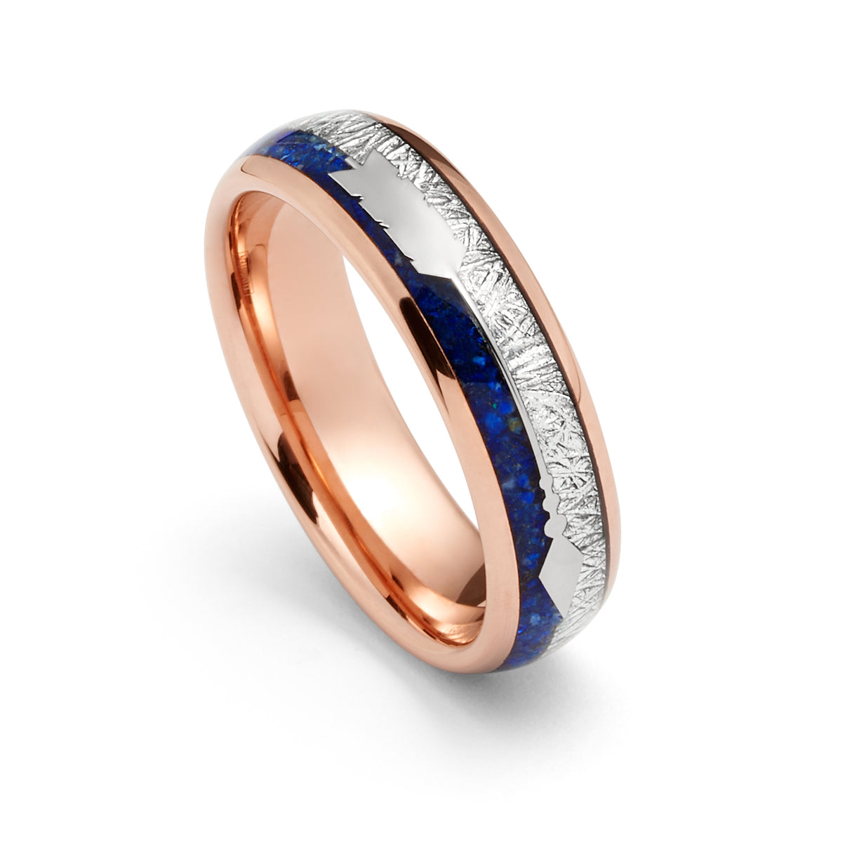 6mm- ROSE GOLD TUNGSTEN ARROW RING W/ BLUE LAPIS LAZULI, FAUX METEORITE,