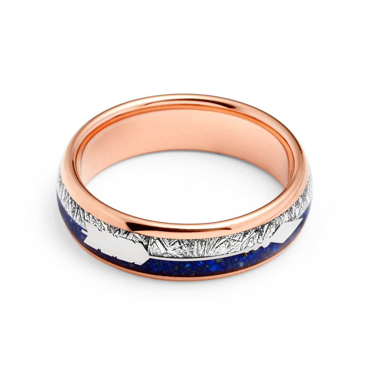 6mm- ROSE GOLD TUNGSTEN ARROW RING W/ BLUE LAPIS LAZULI, FAUX METEORITE,