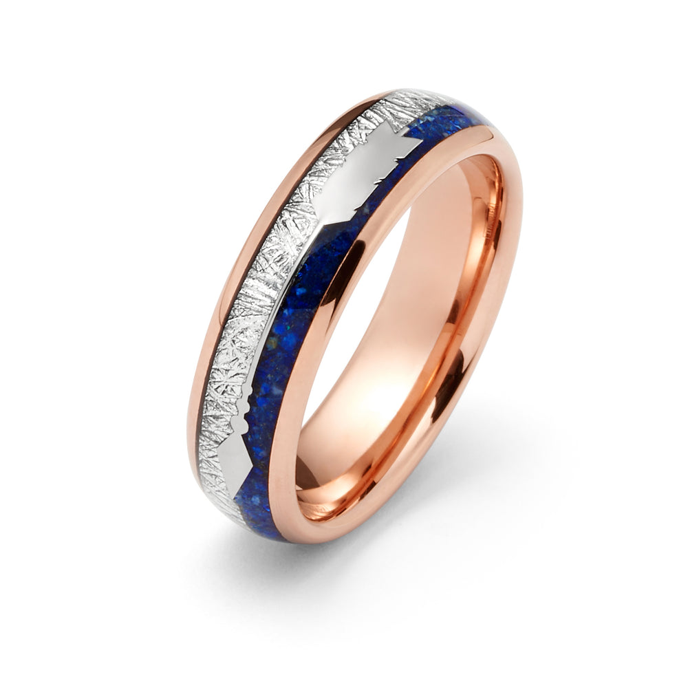 6mm- ROSE GOLD TUNGSTEN ARROW RING W/ BLUE LAPIS LAZULI, FAUX METEORITE,