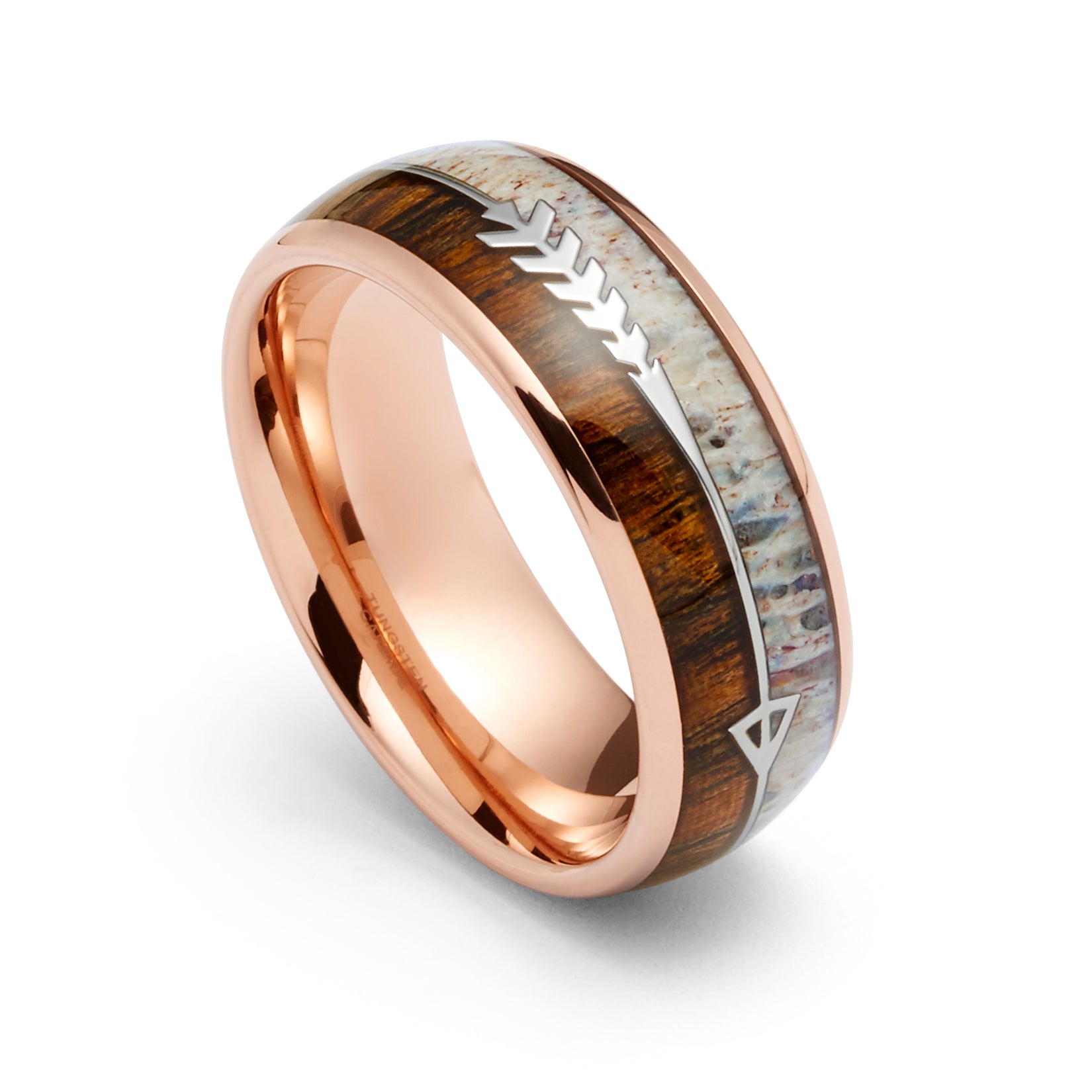 Rose Gold Tungsten Wood and Deer Antler Band Ring for selling Men, Tungsten Ring Band for Men, Deer Antler Ring Men, Wood and Deer Antler Inlay Ring