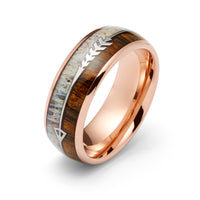 8mm - Rose Gold Tungsten Wedding Band Mens, Deer Antler Ring, Koa Wood Inlay, Arrow Ring