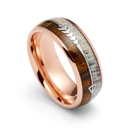 8mm - Rose Gold Tungsten Wedding Band Mens, Deer Antler Ring, Koa Wood Inlay, Arrow Ring