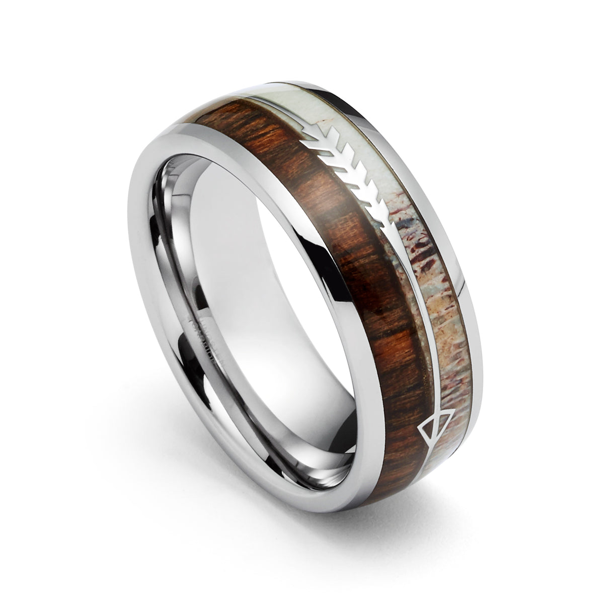 8mm - Silver TUNGSTEN Carbide ARROW RING W/ Antler & Koa Wood Inlay