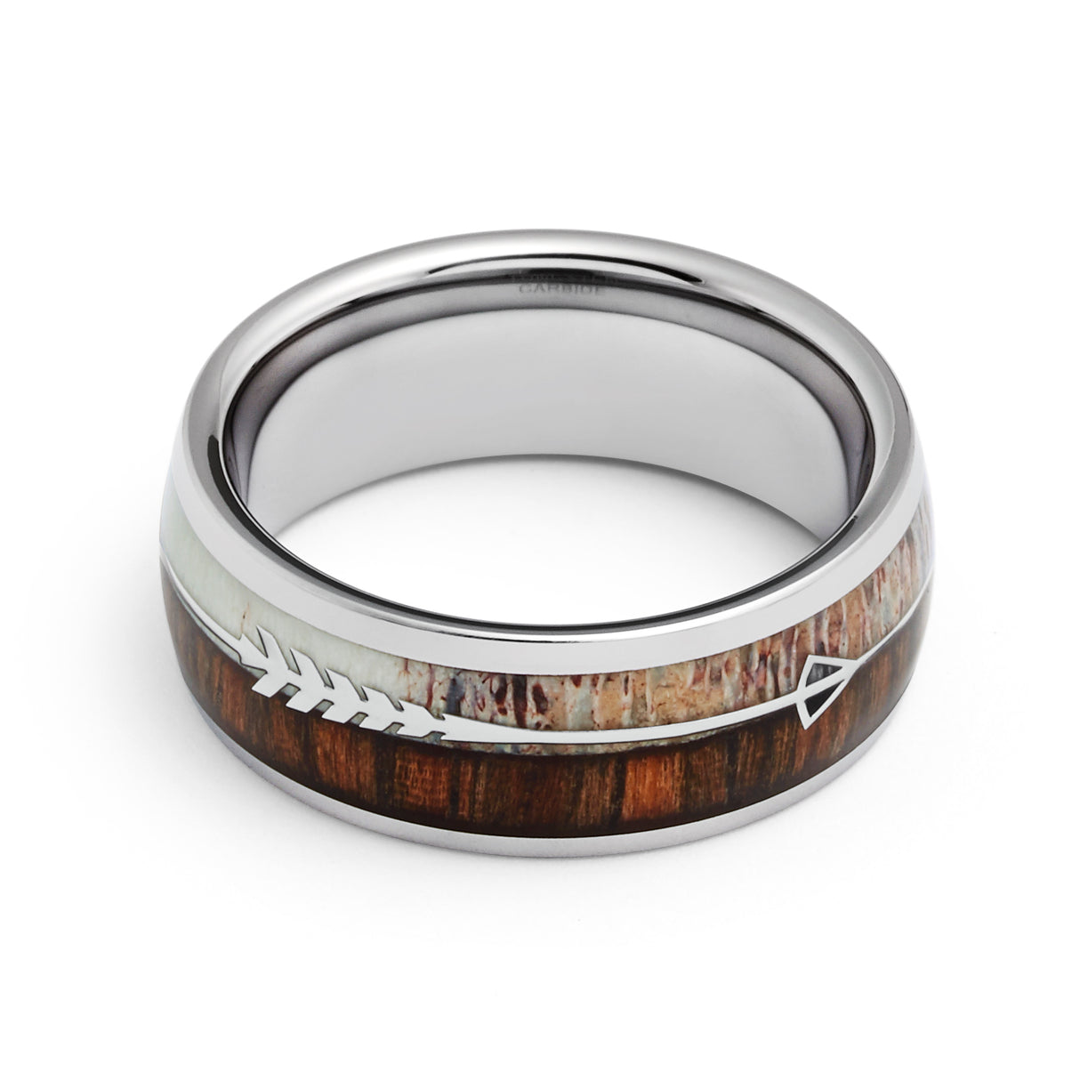 8mm - Silver TUNGSTEN Carbide ARROW RING W/ Antler & Koa Wood Inlay