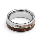 8mm - Silver TUNGSTEN Carbide ARROW RING W/ Antler & Koa Wood Inlay