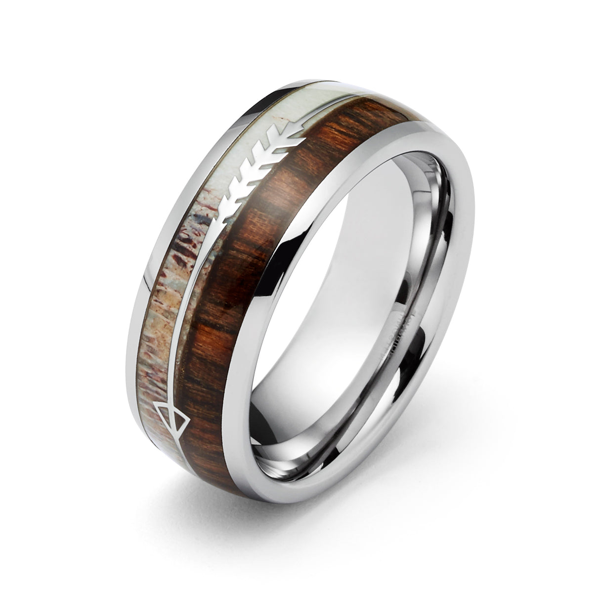 8mm - Silver TUNGSTEN Carbide ARROW RING W/ Antler & Koa Wood Inlay