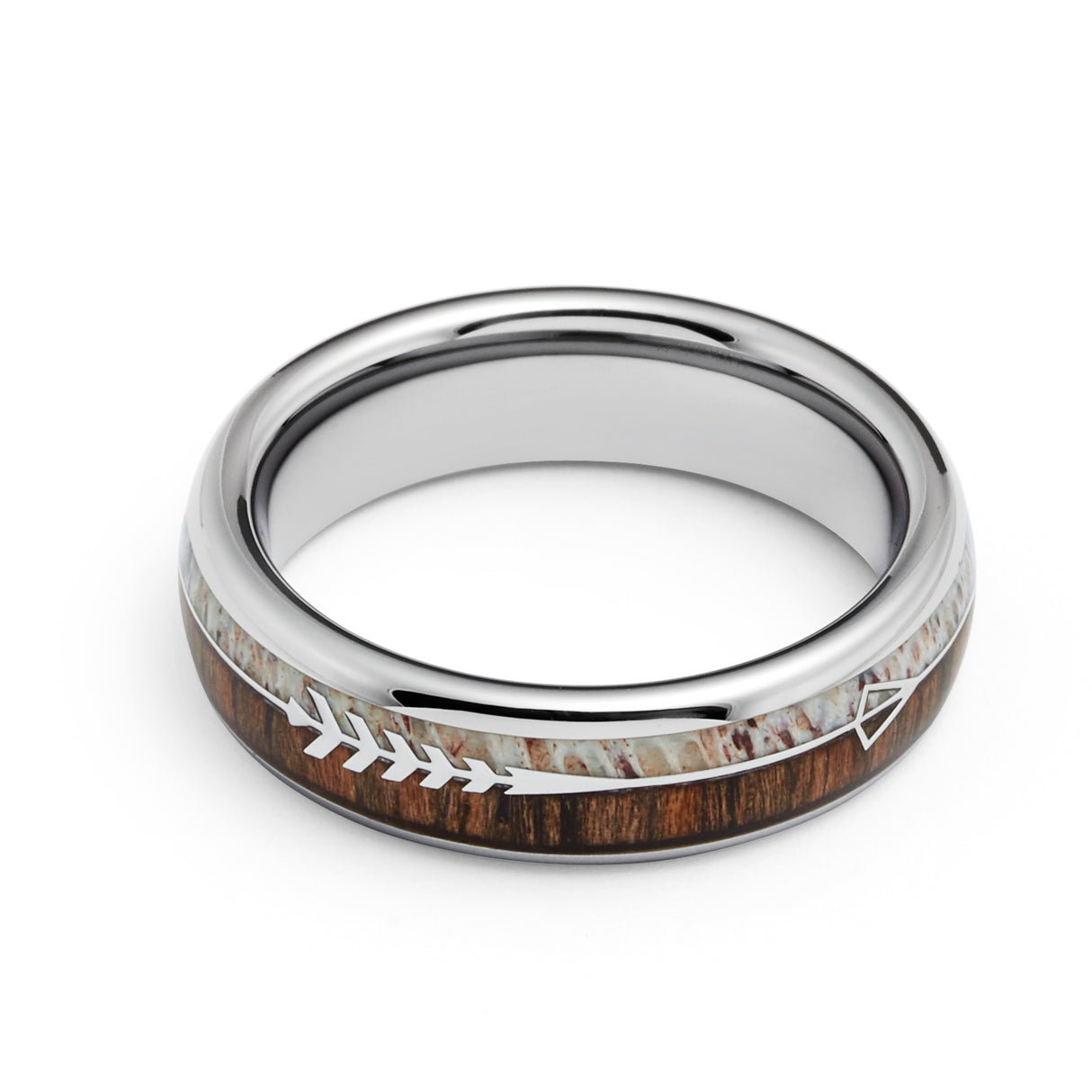 6mm - Silver TUNGSTEN Carbide ARROW RING W/ Antler & Koa Wood Inlay