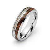 6mm - Silver TUNGSTEN Carbide ARROW RING W/ Antler & Koa Wood Inlay