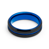 6mm - Black Blue Tungsten Carbide Ring - Grooved Beveled Edges - Wedding Band