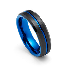 6mm - Black Blue Tungsten Carbide Ring - Grooved Beveled Edges - Wedding Band