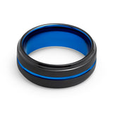 8MM - BLACK BLUE TUNGSTEN CARBIDE RING - GROOVED STEPPED  EDGES - WEDDING BAND