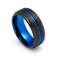 8MM - BLACK BLUE TUNGSTEN CARBIDE RING - GROOVED STEPPED  EDGES - WEDDING BAND