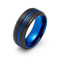 8MM - BLACK BLUE TUNGSTEN CARBIDE RING - GROOVED STEPPED  EDGES - WEDDING BAND