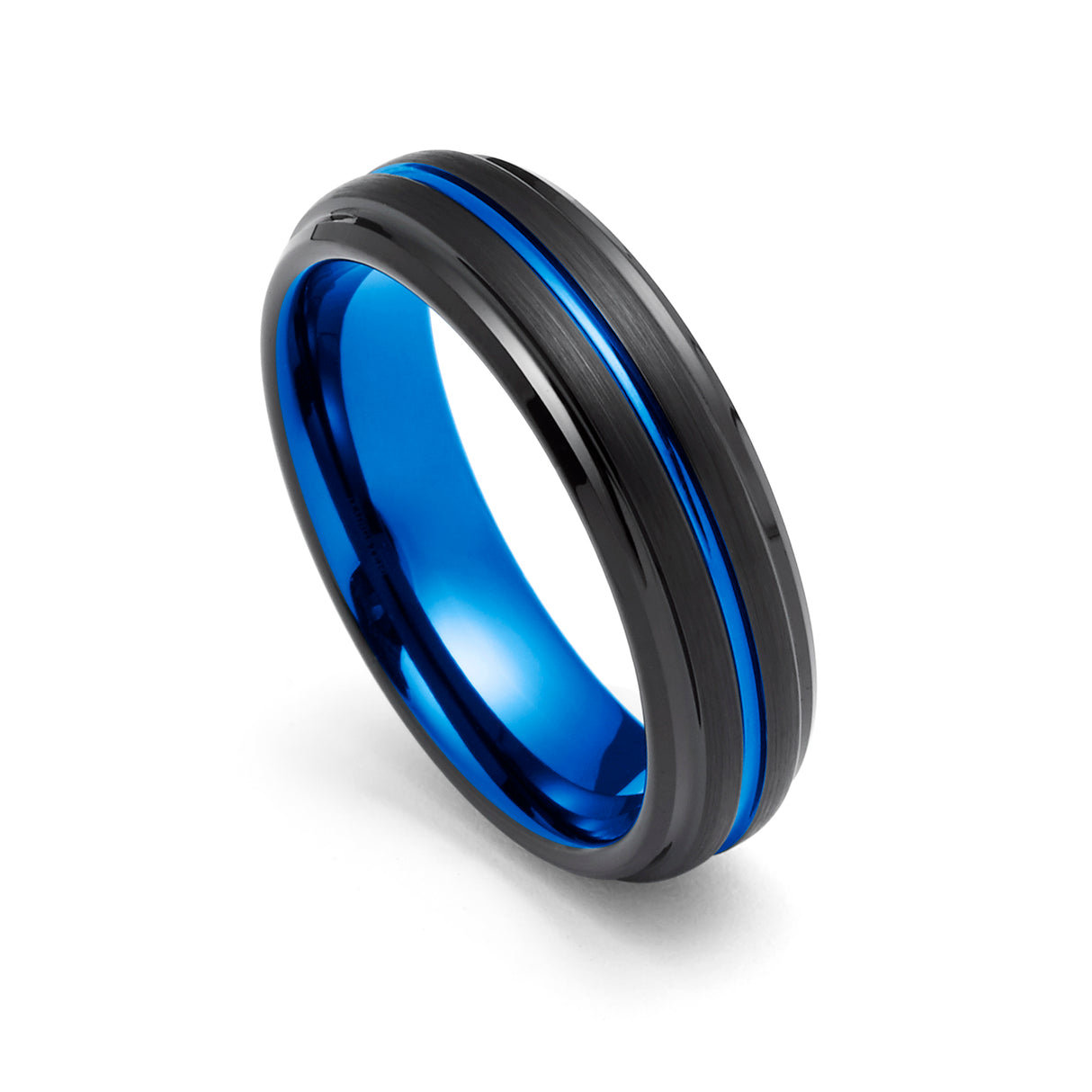 6MM - BLACK BLUE TUNGSTEN CARBIDE RING - GROOVED STEPPED  EDGES - WEDDING BAND