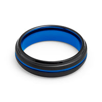 6MM - BLACK BLUE TUNGSTEN CARBIDE RING - GROOVED STEPPED  EDGES - WEDDING BAND