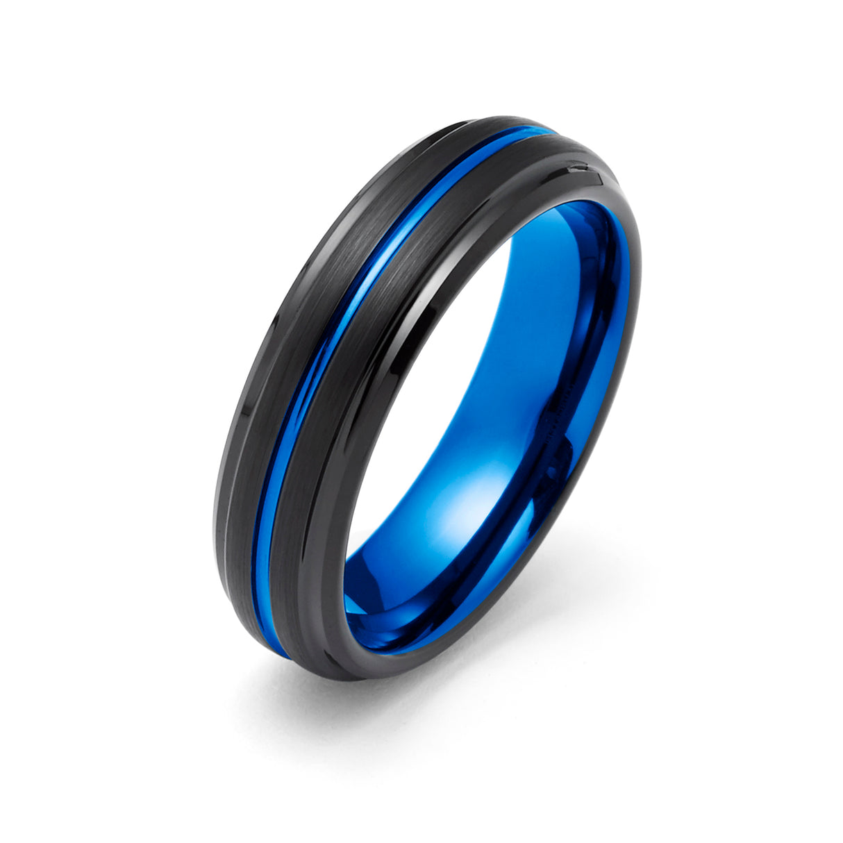 6MM - BLACK BLUE TUNGSTEN CARBIDE RING - GROOVED STEPPED  EDGES - WEDDING BAND