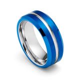 8mm - Blue & Silver Tungsten Carbide Ring - Grooved Beveled Edges - Wedding Band