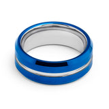 8mm - Blue & Silver Tungsten Carbide Ring - Grooved Beveled Edges - Wedding Band