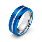 8mm - Blue & Silver Tungsten Carbide Ring - Grooved Beveled Edges - Wedding Band