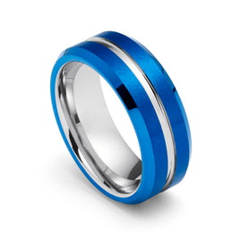 8mm - Blue & Silver Tungsten Carbide Ring - Grooved Beveled Edges - Wedding Band
