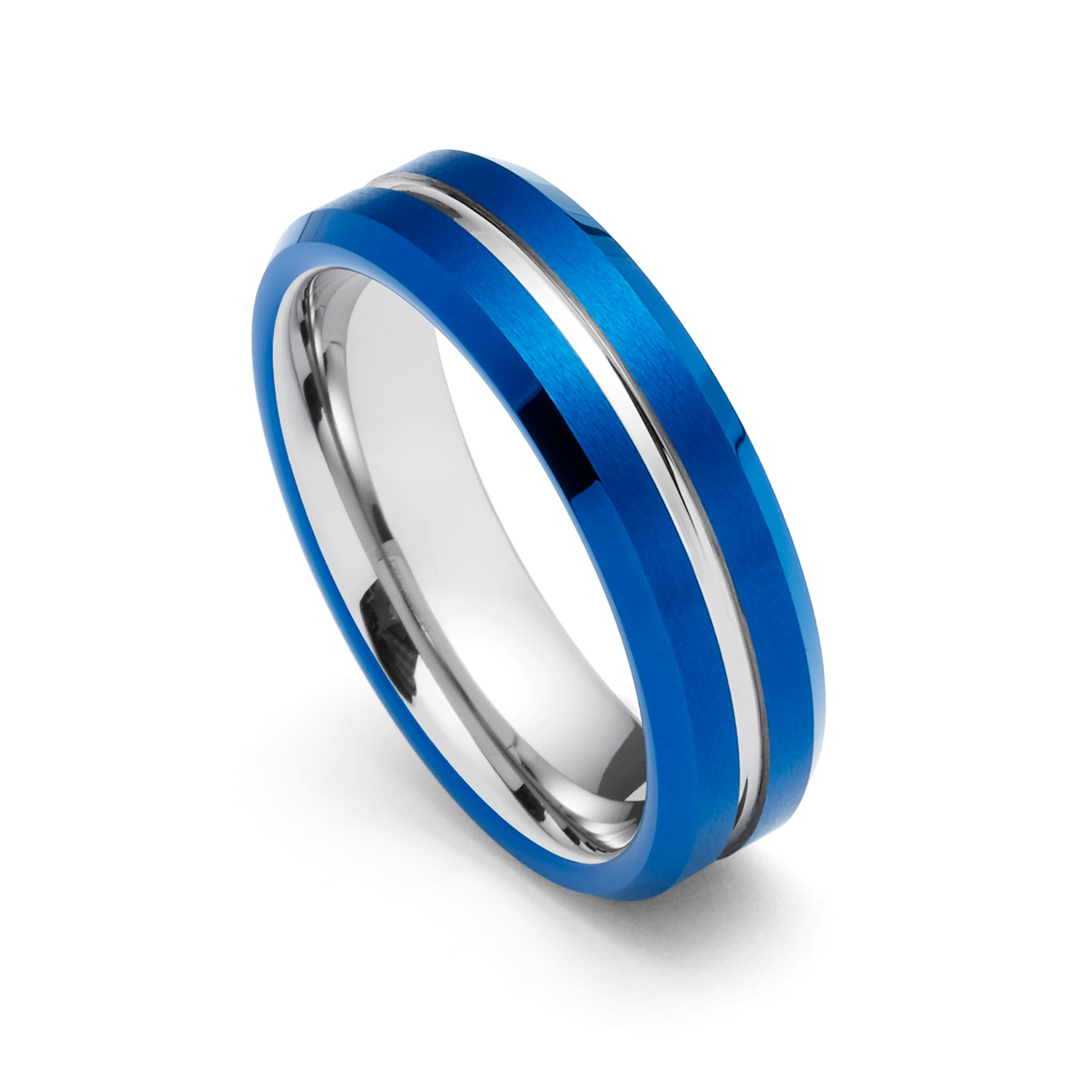 6MM Tungsten newest Carbide Beveled Edge Blue and Black Carbon Fiber Inlay Wedding Ring