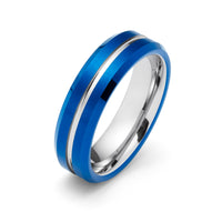 6mm - Blue & Silver Tungsten Carbide Ring - Grooved Beveled Edges - Wedding Band