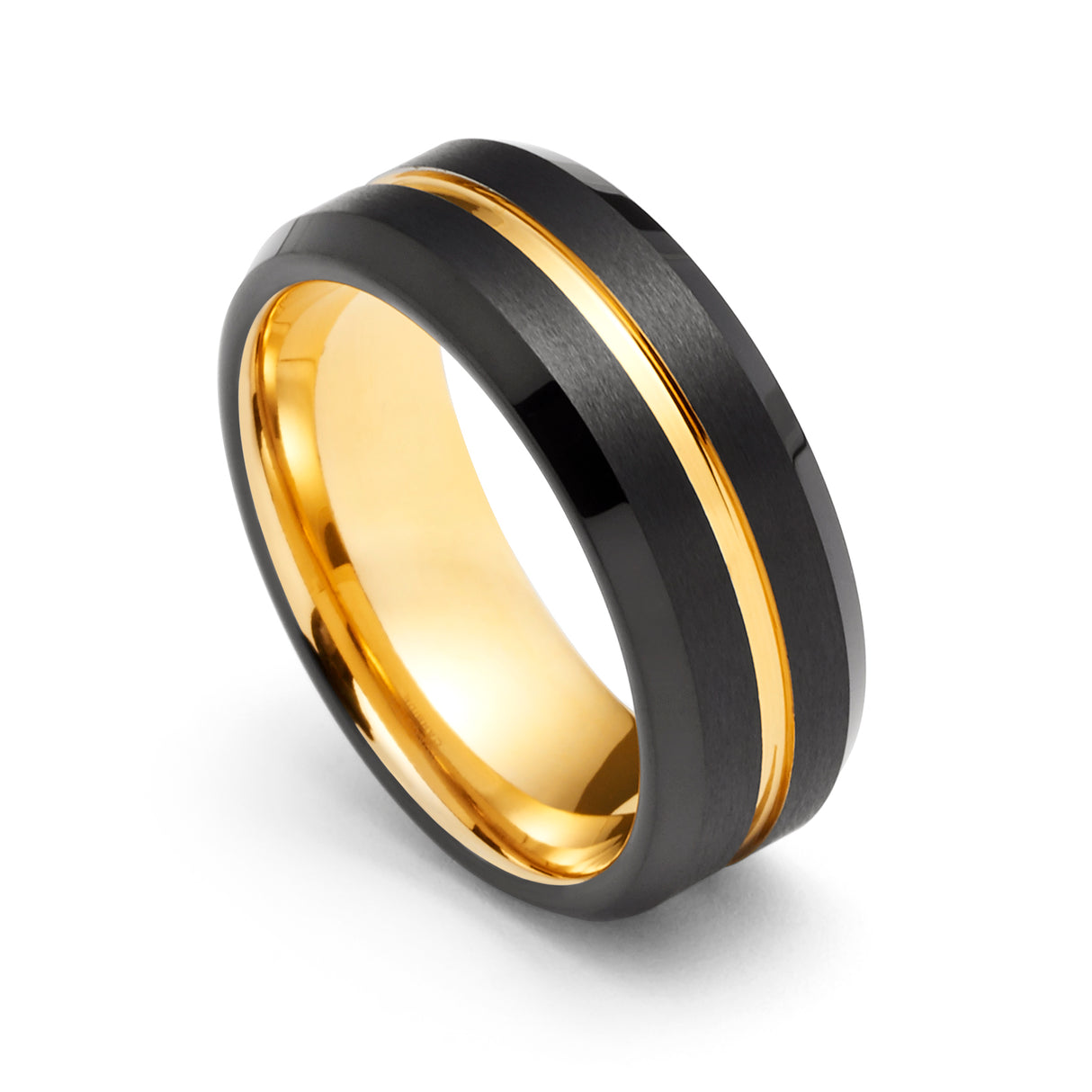 8mm - Black & Gold Tungsten Carbide Wedding Ring Brushed Center Gold Groove