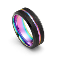 8mm - Tungsten Carbide Multi-Color Ring Grooved Black Matte Finish Beveled Edges Engagement Ring