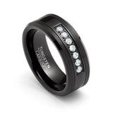 8mm - Black Tungsten Wedding Band White CZ Diamond Inlay Brush Finish