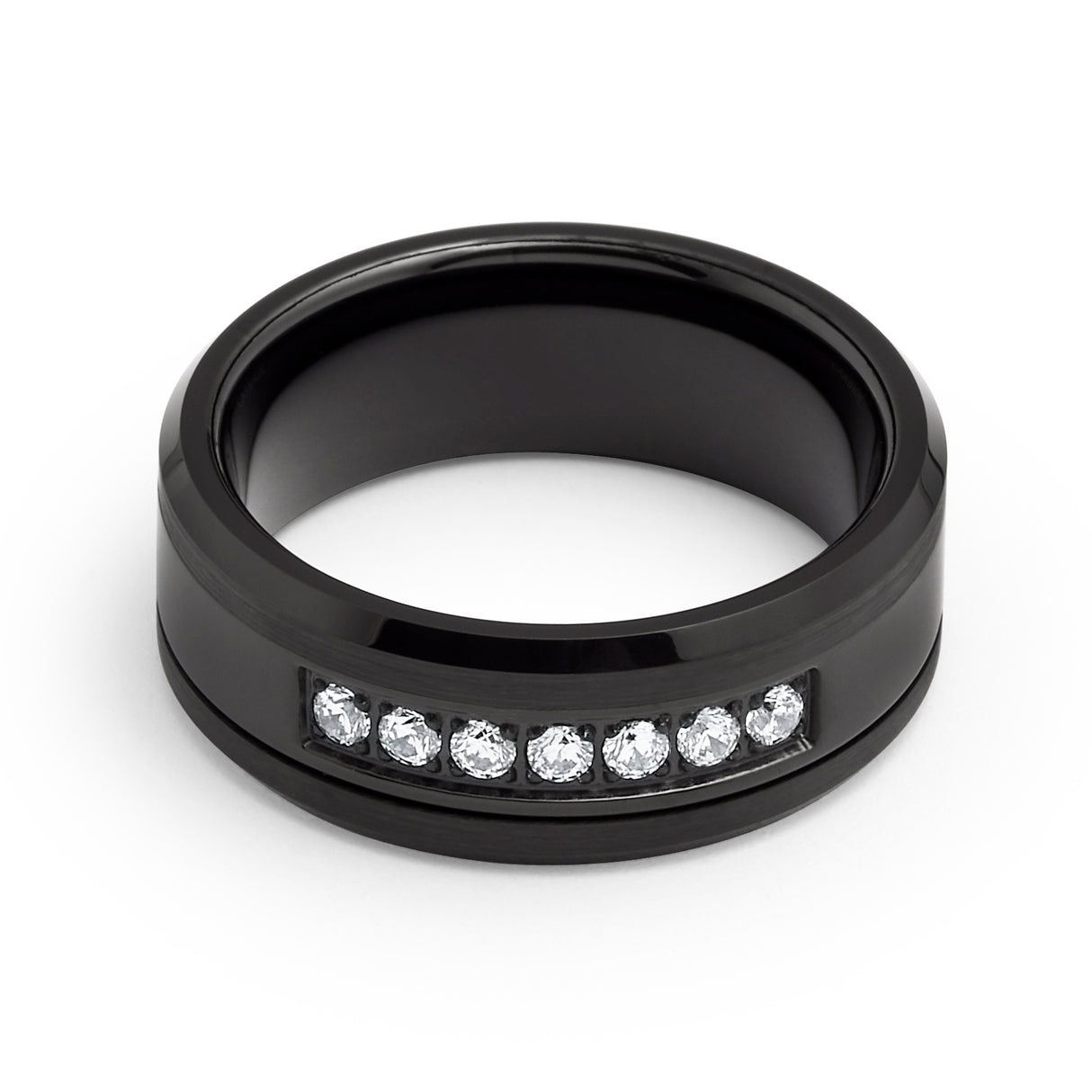 8mm - Black Tungsten Wedding Band White CZ Diamond Inlay Brush Finish