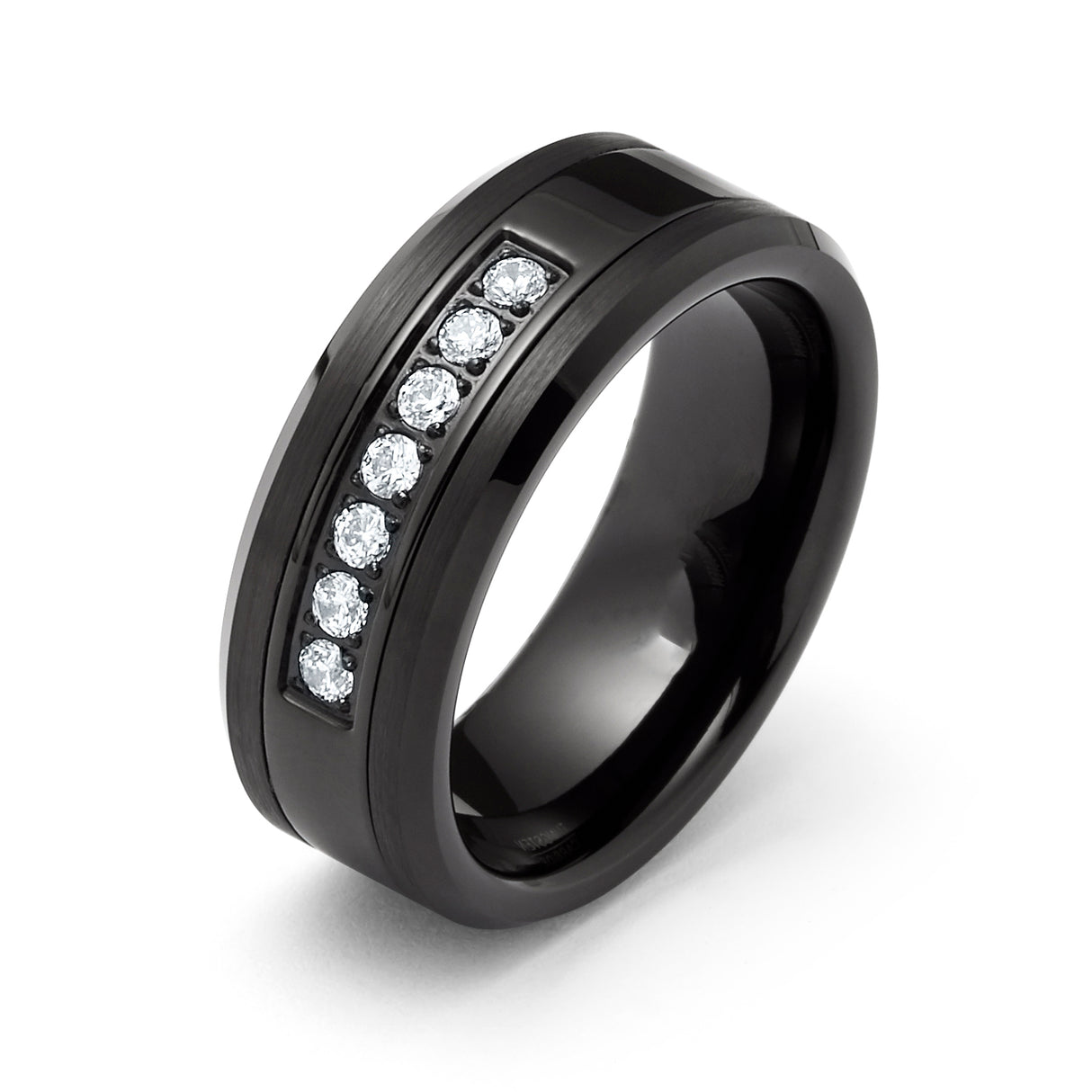 8mm - Black Tungsten Wedding Band White CZ Diamond Inlay Brush Finish