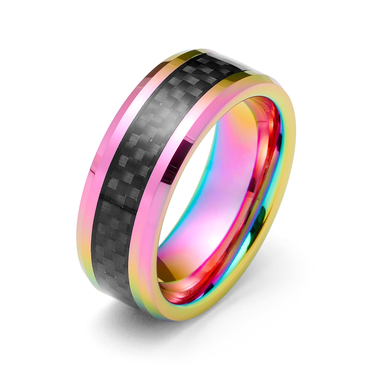 8mm- Tungsten Carbide Ring Metallic Rainbow Finish w/ Black Carbon Fiber Inlay