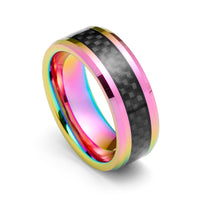 8mm- Tungsten Carbide Ring Metallic Rainbow Finish w/ Black Carbon Fiber Inlay