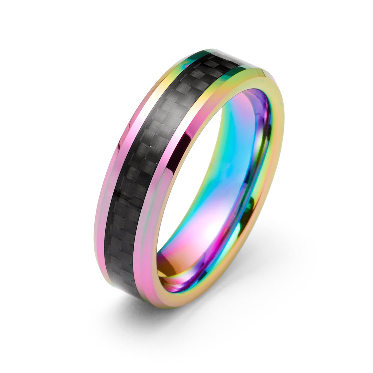 6mm- Tungsten Carbide Ring Metallic Rainbow Finish w/ Black Carbon Fiber Inlay