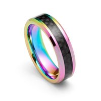 6mm- Tungsten Carbide Ring Metallic Rainbow Finish w/ Black Carbon Fiber Inlay