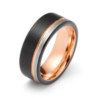 8mm Black And Silver Tungsten Carbide Wedding Band With Rose Gold Inside Inlay