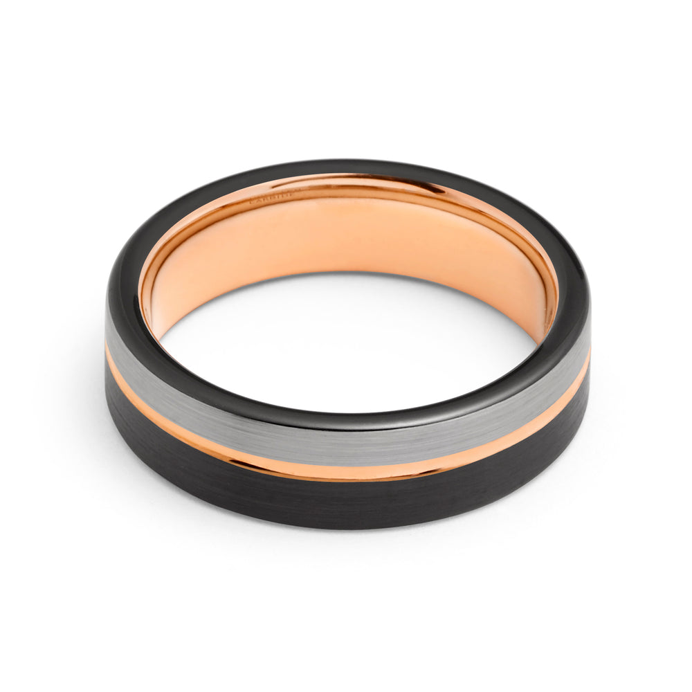 Mens Tungsten Wedding Band, Black Brush With Rose Gold inside Inlay, Off Center Rose Gold Groove - 6mm