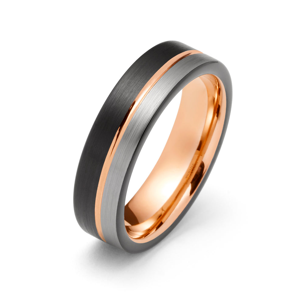 Mens Tungsten Wedding Band, Black Brush With Rose Gold inside Inlay, Off Center Rose Gold Groove - 6mm