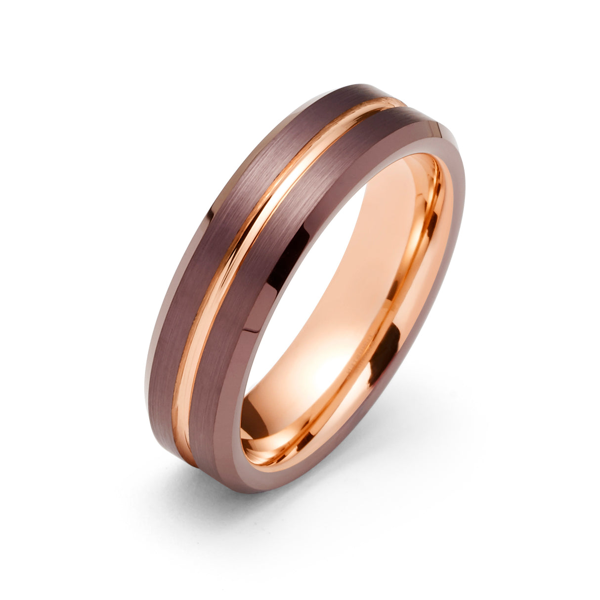 6mm - Espresso & Rose Gold Groove Ring, Tungsten Carbide Wedding Band