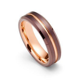 6mm - Espresso & Rose Gold Groove Ring, Tungsten Carbide Wedding Band