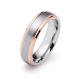 6mm Silver Tungsten Carbide Ring Brushed With Rose Gold Stepped Edges