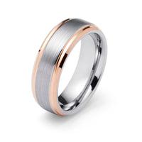 8mm Silver Tungsten Ring Brushed With Rose Gold Stepped Edges