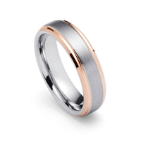 6mm Silver Tungsten Carbide Ring Brushed With Rose Gold Stepped Edges