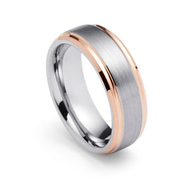 8mm Silver Tungsten Ring Brushed With Rose Gold Stepped Edges