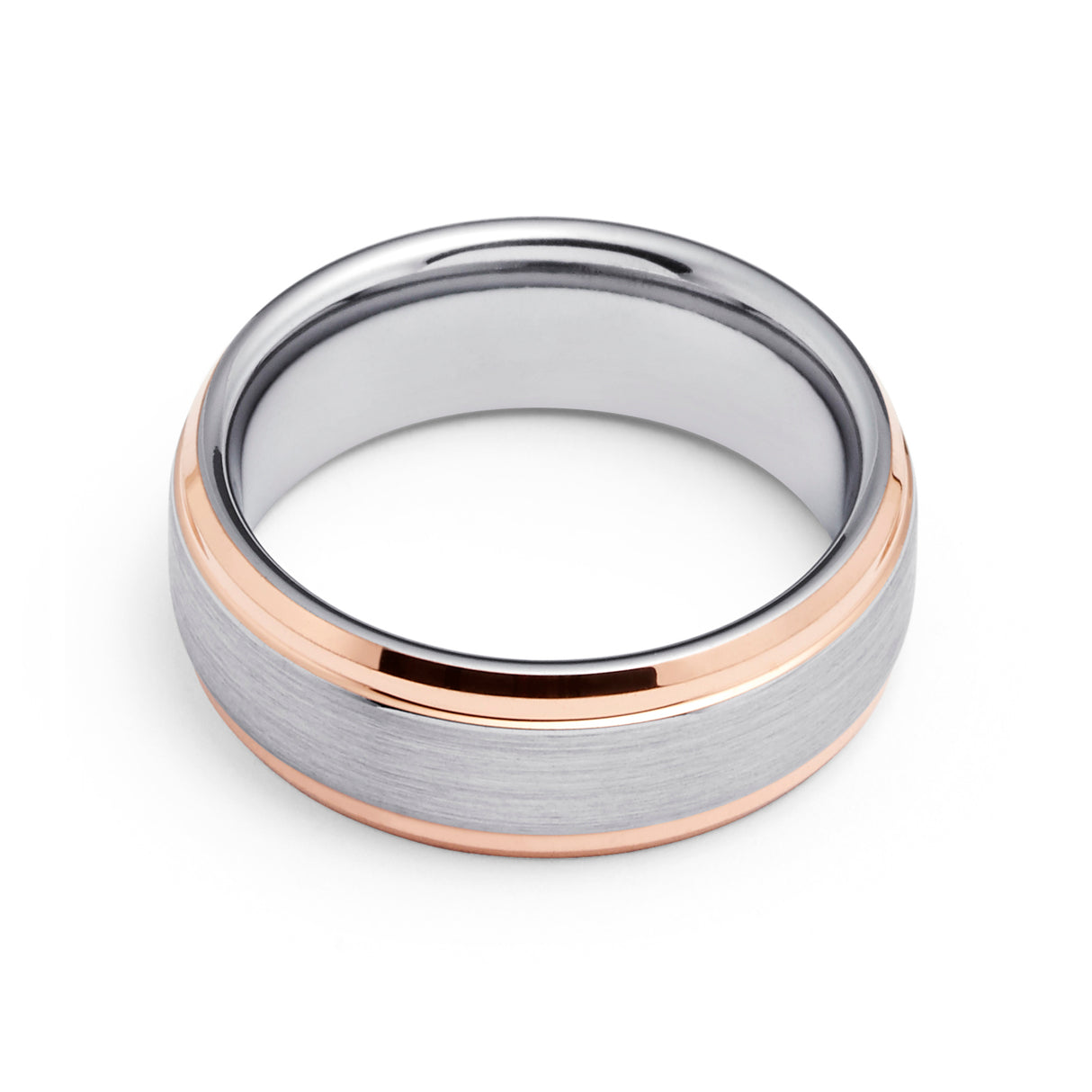 8mm Silver Tungsten Ring Brushed With Rose Gold Stepped Edges