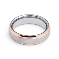 6mm Silver Tungsten Carbide Ring Brushed With Rose Gold Stepped Edges