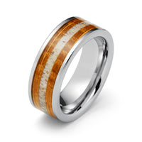 8mm - Tungsten Silver Wood and Antler Ring Tungsten Carbide Ring