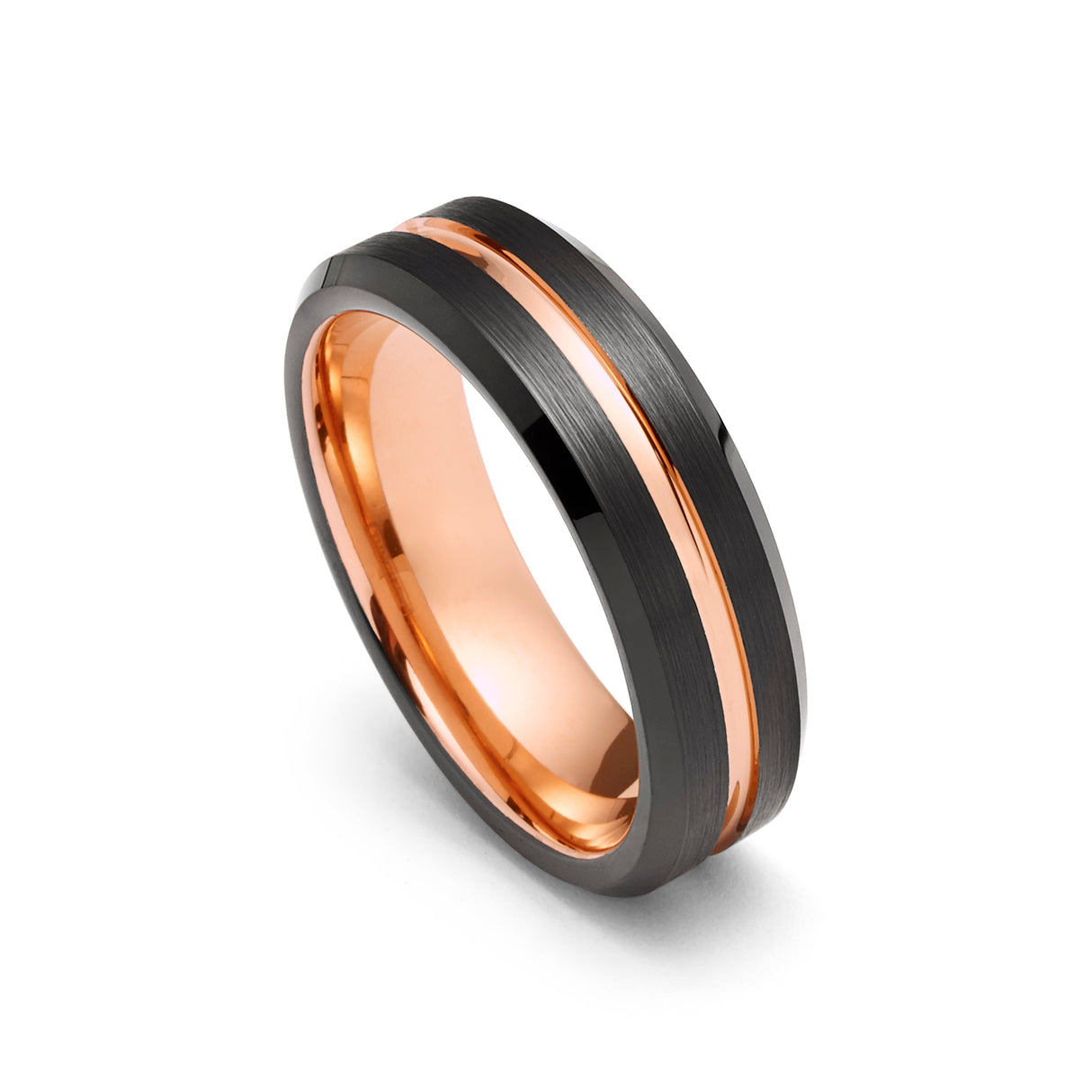 6mm - Black & Rose Gold Tungsten Carbide Wedding Band Grooved Beveled Edges