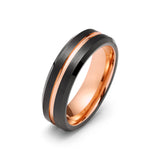 6mm - Black & Rose Gold Tungsten Carbide Wedding Band Grooved Beveled Edges